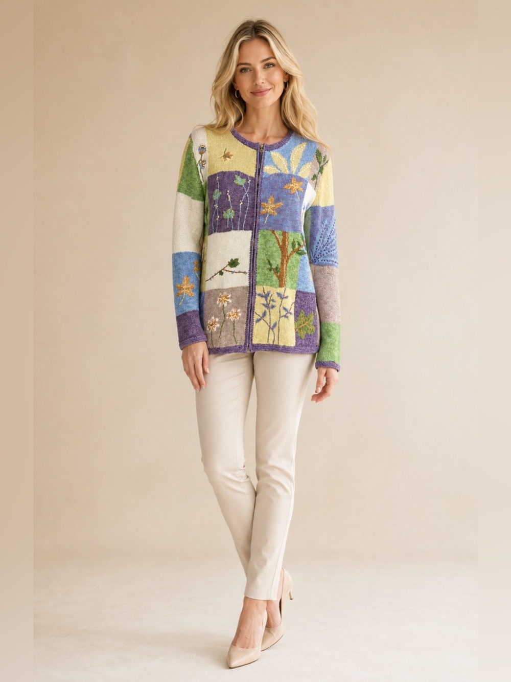 Northern Isles Embroidered Patchwork
Botanical Full Zip Cardigan Sweater, Medium